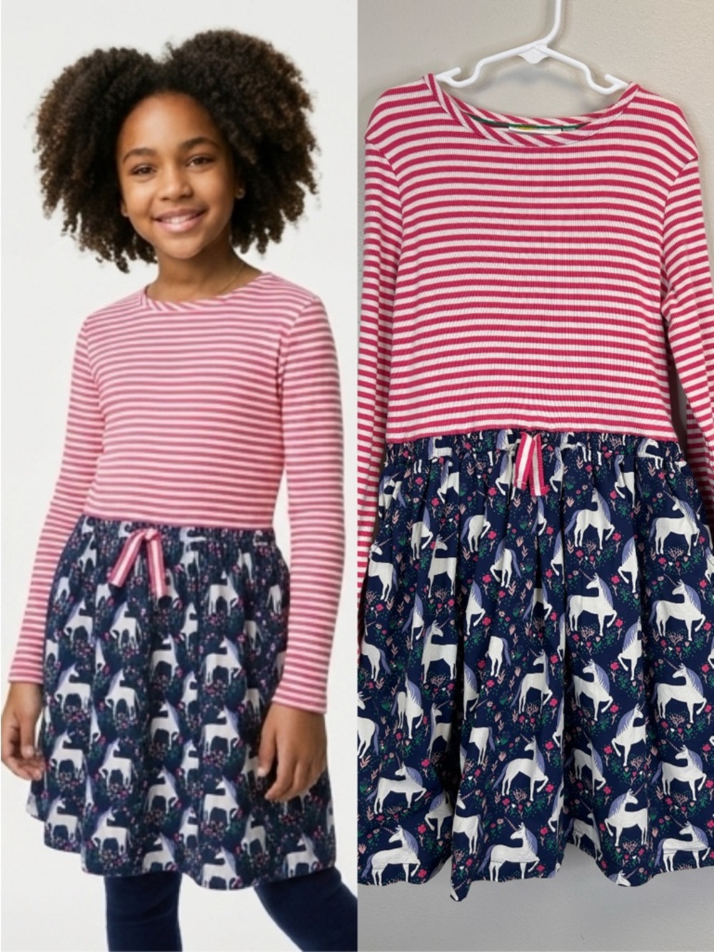 Mini Boden Striped Unicorn Dress Kids Size 11/12 Pockets Princess Pretty Party